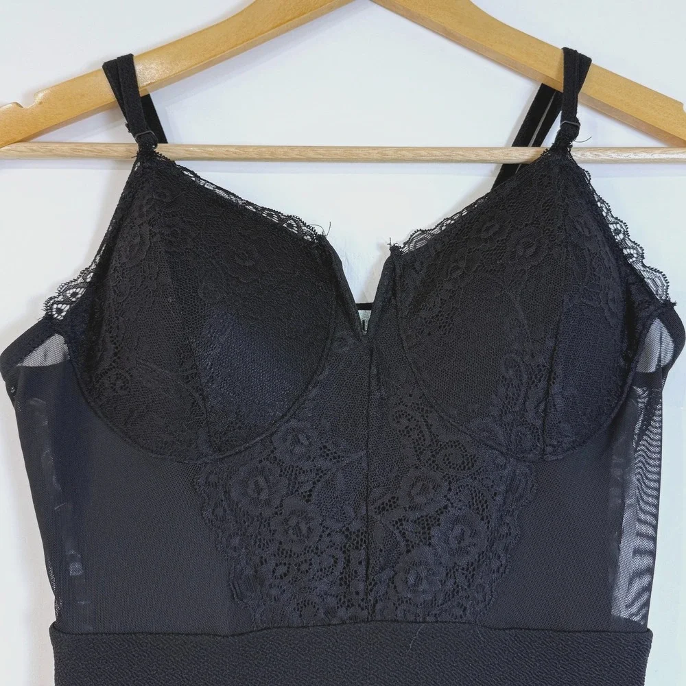 Almost‎ Famous Dark Coquette Jumpsuit Size M Black Floral Lace Sheer Mesh Bodice